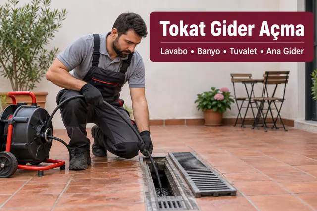 Tokat gider açma — avlu gider kanalında çalışma
