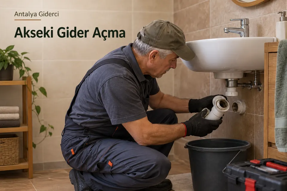 Antalya Akseki gider açma — banyo lavabosunun sifonunu kontrol eden tesisatçı