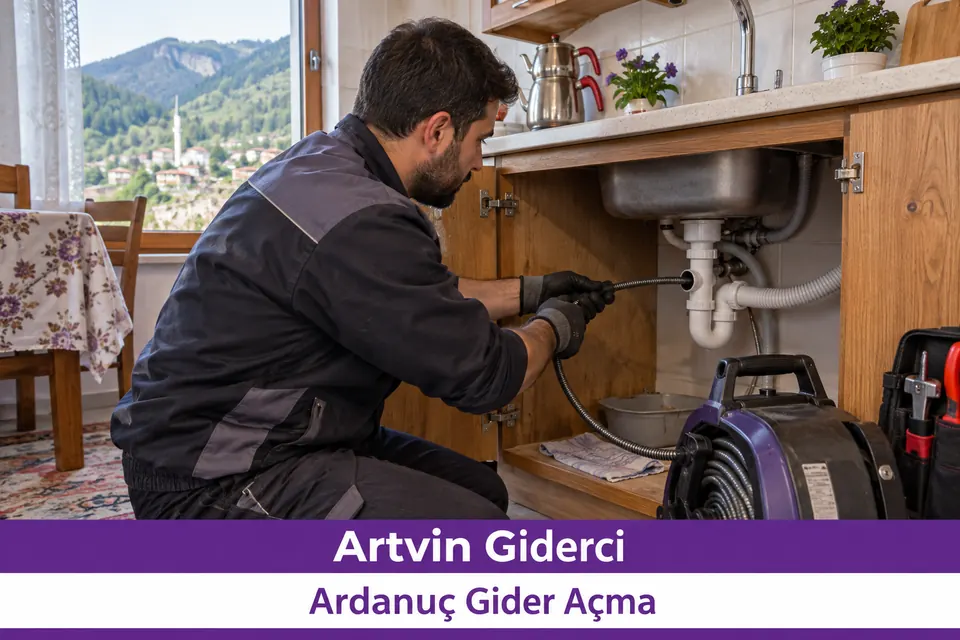 Artvin Ardanuç gider açma — mutfak lavabosu bağlantısında gider açma makinesi kullanan tesisatçı