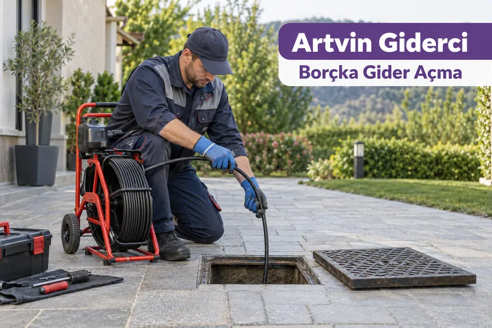 Artvin Borçka gider açma — bahçe zeminindeki gider girişinde çalışan tesisatçı