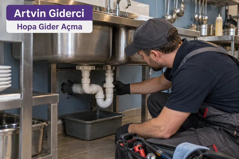 Artvin Hopa gider açma hizmet görseli Artvin Hopa gider açma — çift gözlü mutfak evyesinin sifon bağlantısını kontrol eden tesisatçı