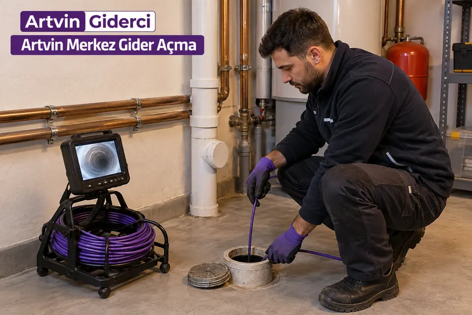 Artvin Merkez gider açma — bina giderinin kontrol noktasında kameralı inceleme yapan tesisatçı