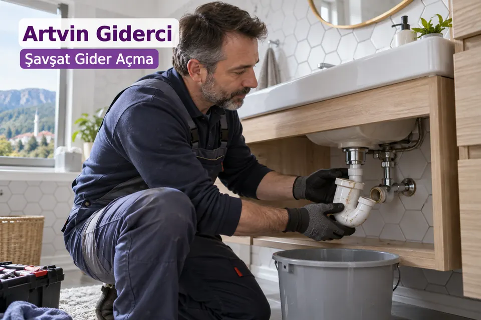 Artvin Şavşat gider açma hizmet görseli Artvin Şavşat gider açma — banyo lavabosu sifonunu kontrol eden tesisatçı