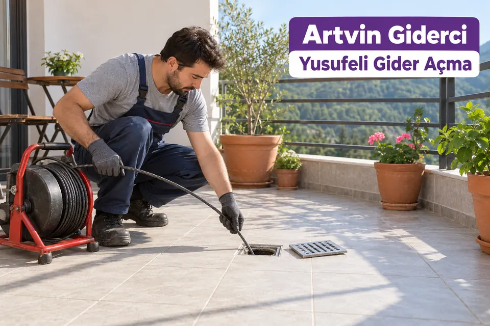 Artvin Yusufeli gider açma hizmet görseli Artvin Yusufeli gider açma — balkon zemin giderini kontrol eden tesisatçı