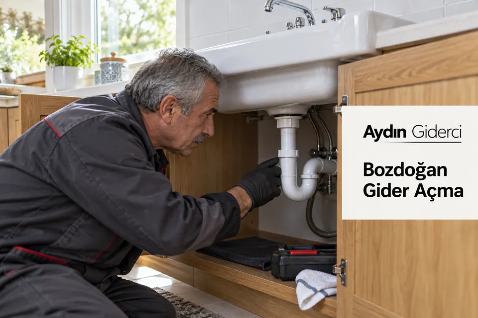 Aydın Bozdoğan gider açma — mutfak lavabosu sifonunu kontrol eden tesisatçı