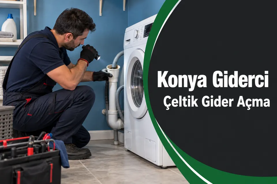 Konya Çeltik gider açma hizmet görseli Konya Çeltik gider açma — çamaşır makinesi tahliye bağlantısında inceleme